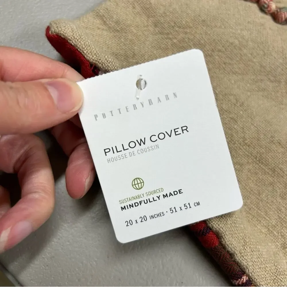 Pottery Barn Love Script Reversible Tan Red Plaid Pillow Cover Cotton Linen NWT